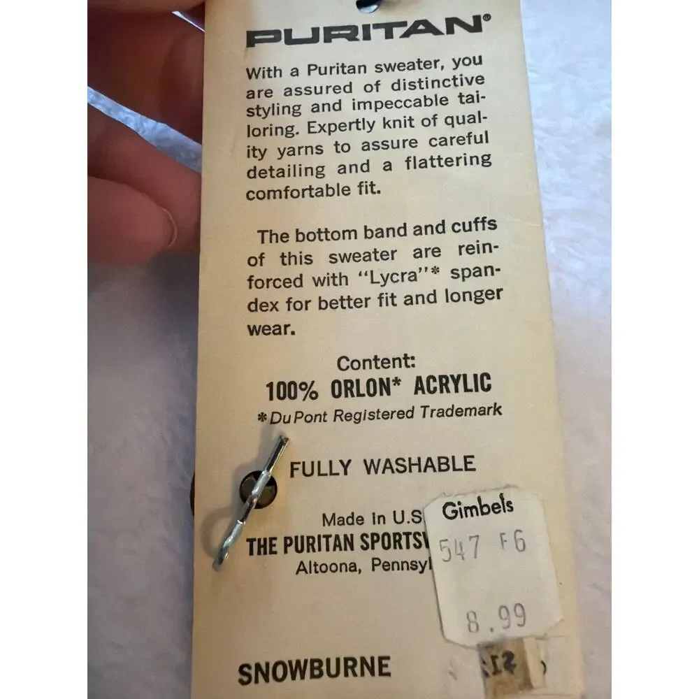 Vintage Puritan Sportswear Snowburne Sweater Hang Tag Snowflake Button USA
